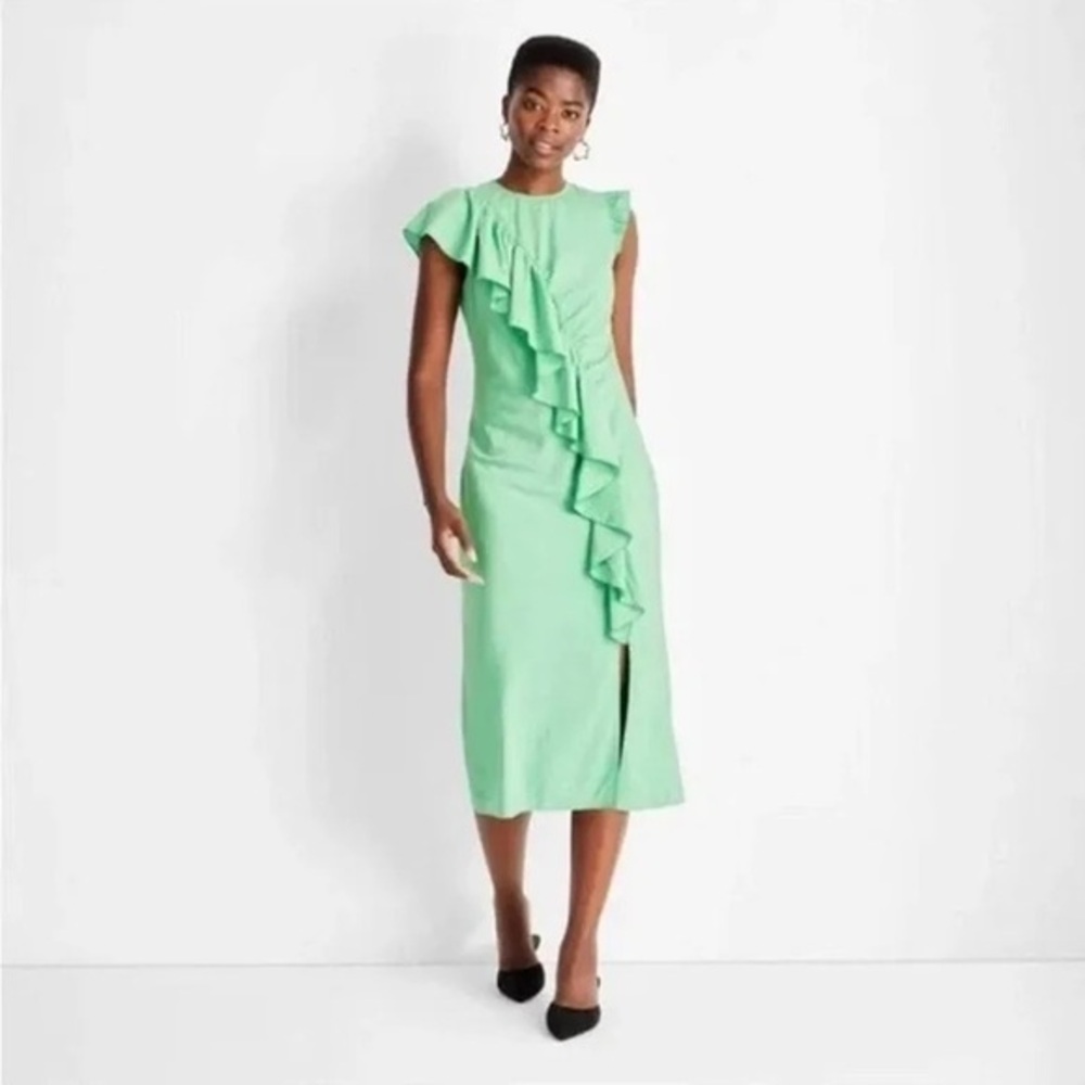 Future Collective Green Flutter Mini Cap Sleeve Asymmetrical Ruffle Ankle Dress